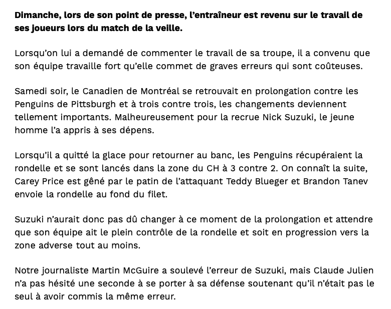 Claude Julien DÉFEND Nick Suzuki... En VISANT Ben Chiarot..