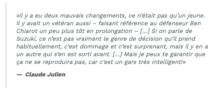 Claude Julien DÉFEND Nick Suzuki... En VISANT Ben Chiarot..