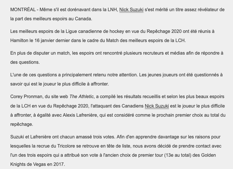 Nick Suzuki comparé...À Alexis Lafrenière...