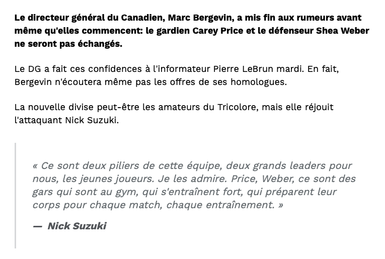 Nick Suzuki FLATTE Marc Bergevin dans le sens du POIL..