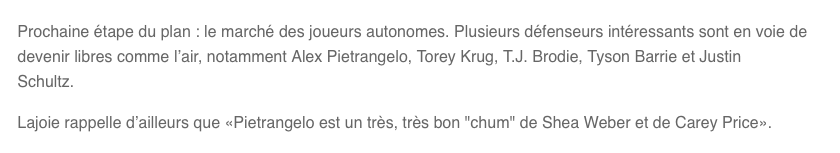 Alex Pietrangelo à Montréal? Jean-Charles Lajoie...