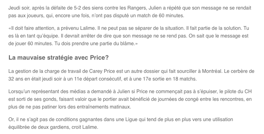 Au tour de Patrick Lalime de CONGÉDIER Claude Julien....