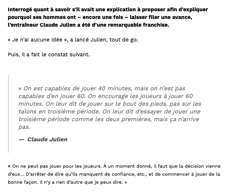 Claude Julien est rendu à MÉPRISER ses joueurs....