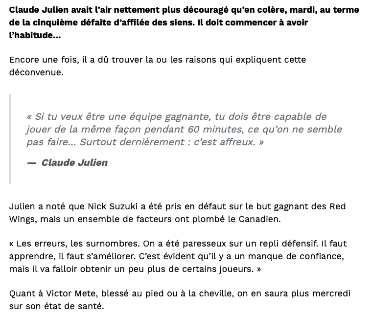 Claude Julien n'a pas le DROIT de VISER Nick Suzuki comme ça...