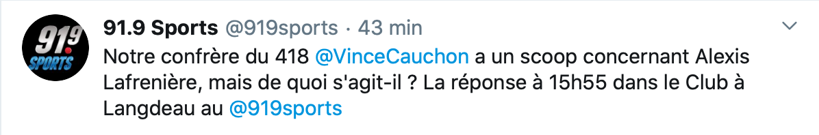 HAHA...Le 91,9 annonce un scoop à propos d'Alexis Lafrenière...