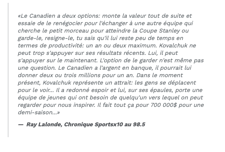 Ilya Kovalchuk: Ray Lalonde pense qu'il va demander des PEANUTS....