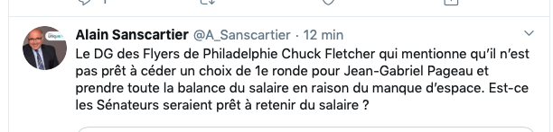 Le DG des Flyers met Jean-Gabriel Pageau et l'organisation des Sens dans l'EMBARRAS.