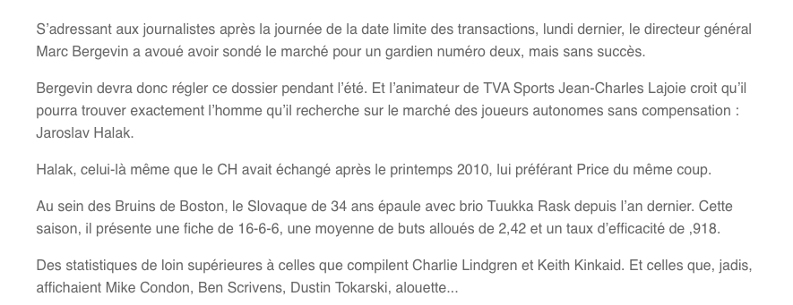 Le RETOUR de Jaroslav Halak à Montréal? OUIN...