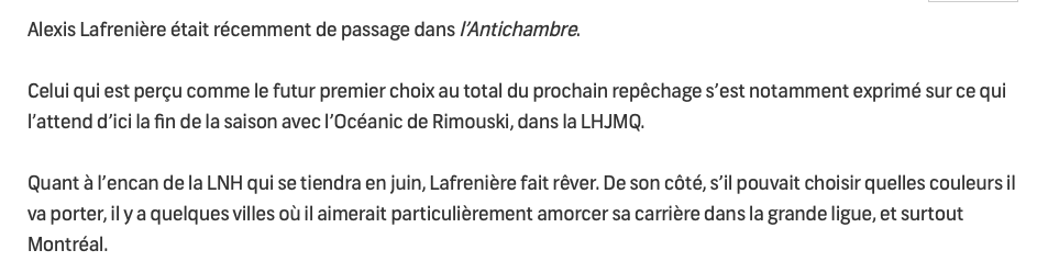 Regarde la FACE de Lafrenière quand FEFANE LEROUX le force à dire qu'il veut jouer pour le CH...