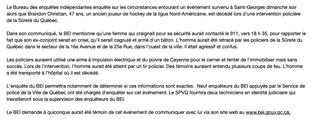 Un ancien joueur de hockey meurt...TIRÉ par un policier...