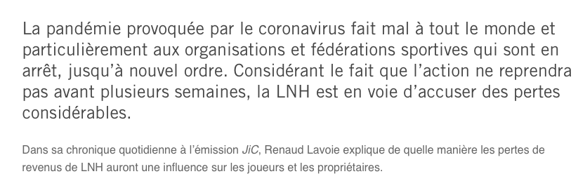 La LNH va perdre...jusqu'à 1 MILLIARD de DOLLARS..