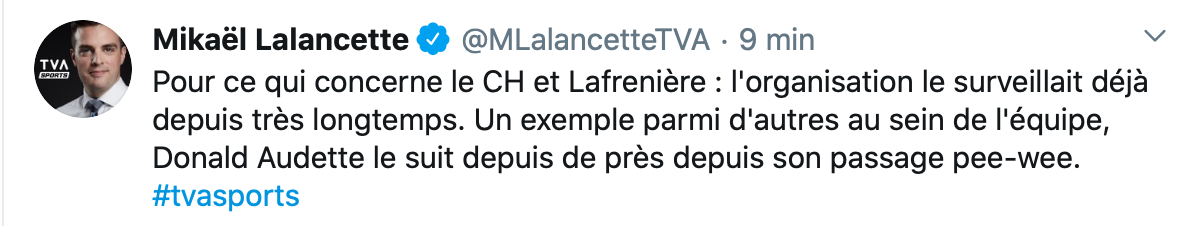 Le CH surveille Alexis Lafrenière depuis qu'il joue PEE-WEE...