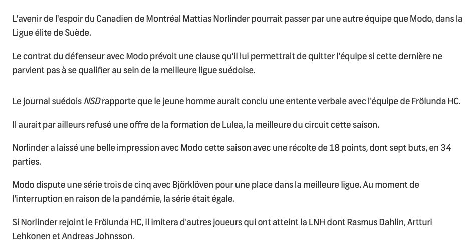 Marc Bergevin aurait OBLIGÉ Mattias Norlinder..