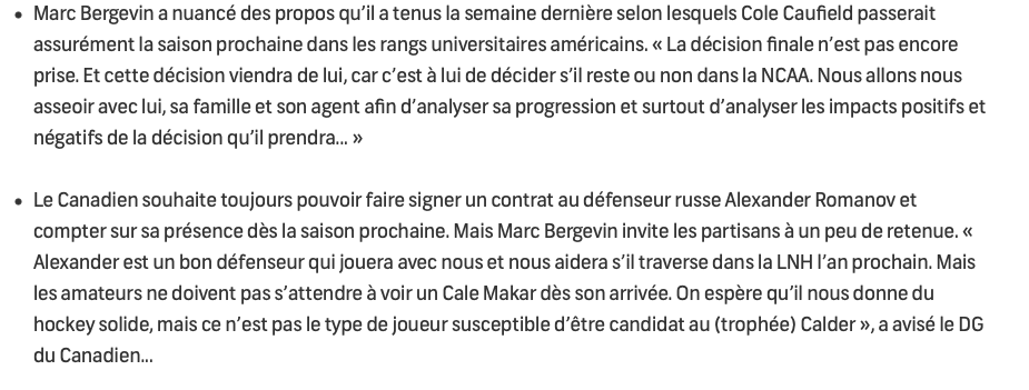 Marc Bergevin ROUVRE son esprit pour Cole Caufield...et rabaisse Alex Romanov...