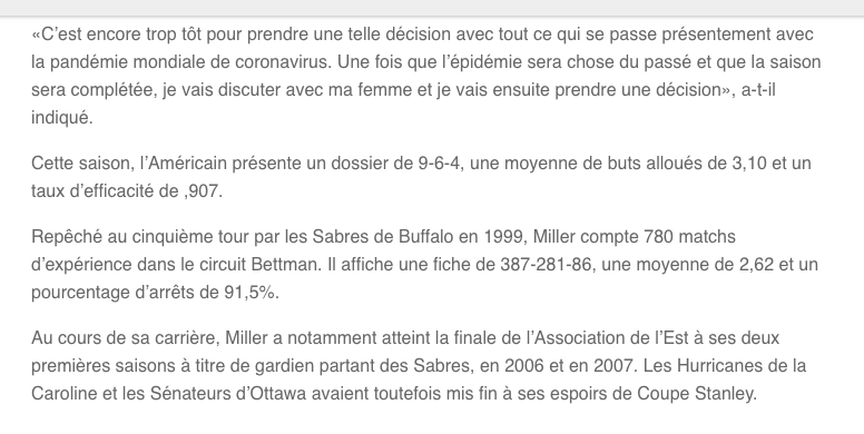 Montréal...La DERNIÈRE CHANCE de Ryan Miller?