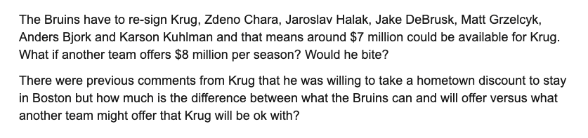 Torey Krug à Montréal: l'avantage de Marc Bergevin....