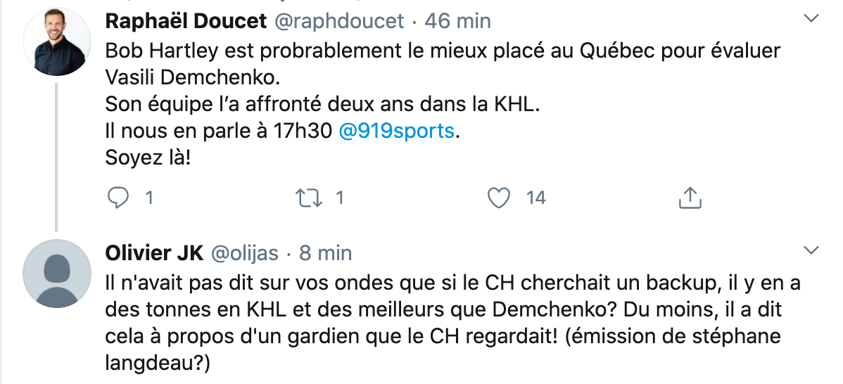 Bob Hartley aurait dit que le nouveau gardien du CH...