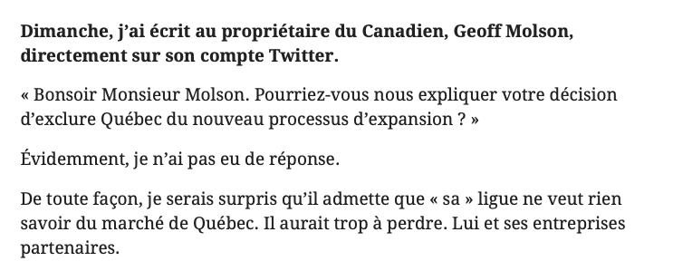 Comment Geoff Molson peut-il MENTIR à la ville de Québec IMPUNÉMENT?