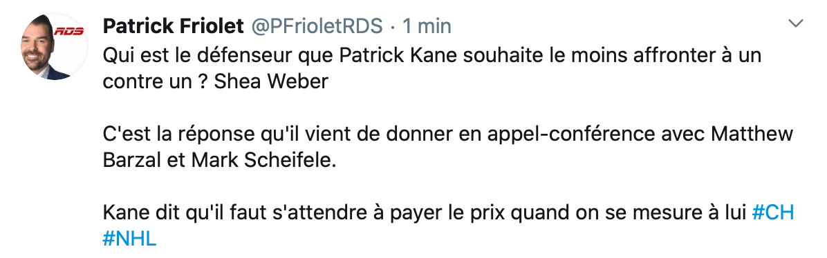 Patrick Kane a peur de Shea Weber, MAIS...