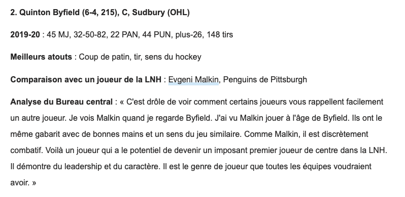 Quinton Byfield n'est pas comparé à Éric Lindros selon LNH.com...