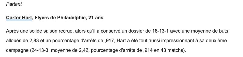 Cayden Primeau ferait partie de l'équipe AMÉRIQUE DU NORD...des moins de 23 ans...