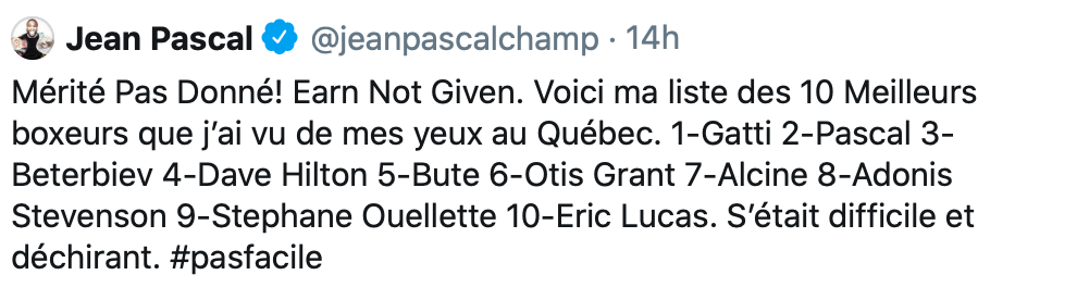 HAHA...Jean Pascal 2e de son propre classement...