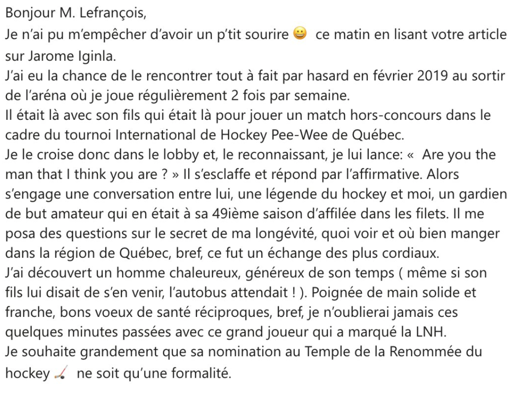 ANECDOTE QUÉBÉCOISE sur Jarome Iginla....