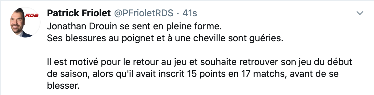 Jonathan Drouin n'aura pas d'excuses...