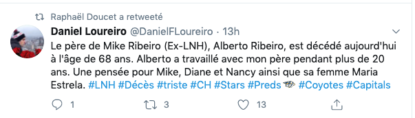 Nos pensées sont avec Mike Ribeiro et sa famille...