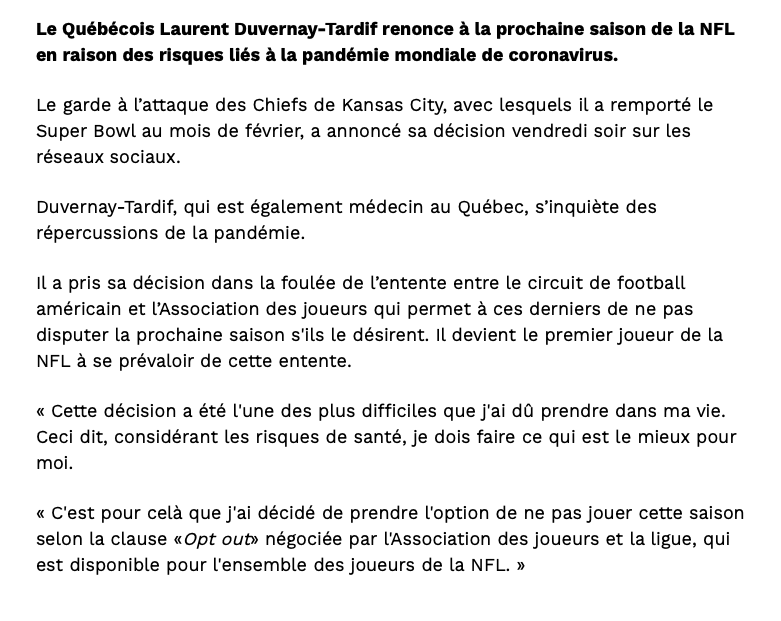 Laurent Duvernay-Tardif...les PRINCIPES avant l'argent...