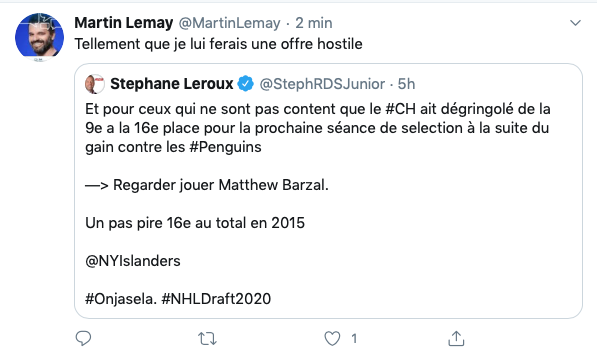 16e choix pour le CH....Une OFFRE HOSTILE à Mathew Barzal....