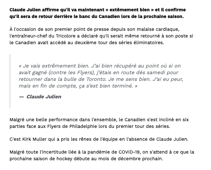 Claude Julien MINIMISE son problème?