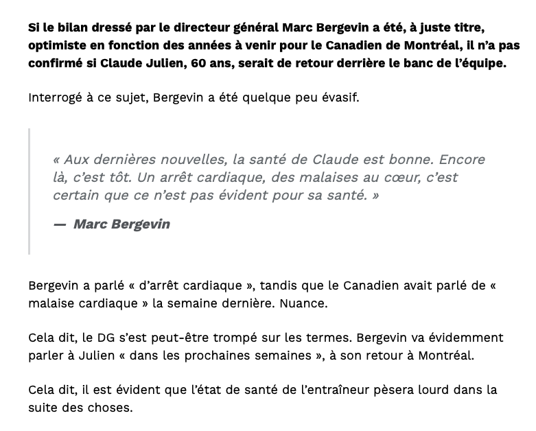 Claude Julien pas de RETOUR: Marc Bergevin n'aurait jamais dû parler d'ARRÊT CARDIAQUE..