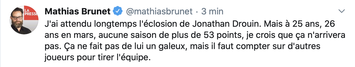 Immédiatement après notre article, Brunet plante Jonathan Drouin...