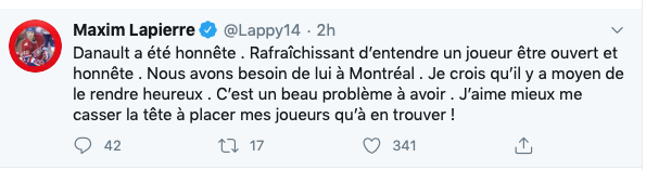 Normal que Maxim Lapierre défende Phil Danault...