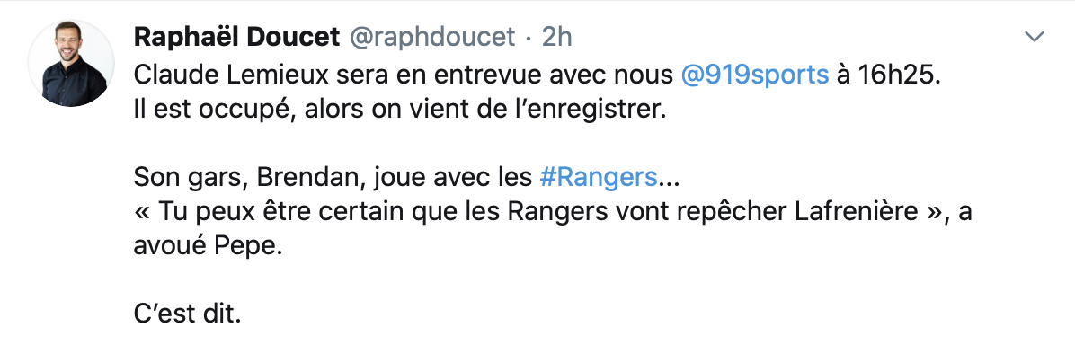 Claude Lemieux confirme que les Rangers...