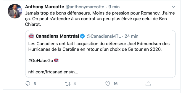 Si Joel Edmundson est PAYÉ plus que Ben Chiarot...