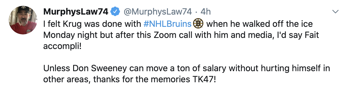 Torey Krug a annoncé aux journalistes de Boston...