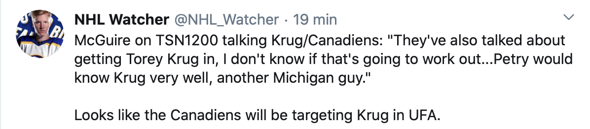 WOW...Marc Bergevin va quand même essayer de signer Torey Krug !!!