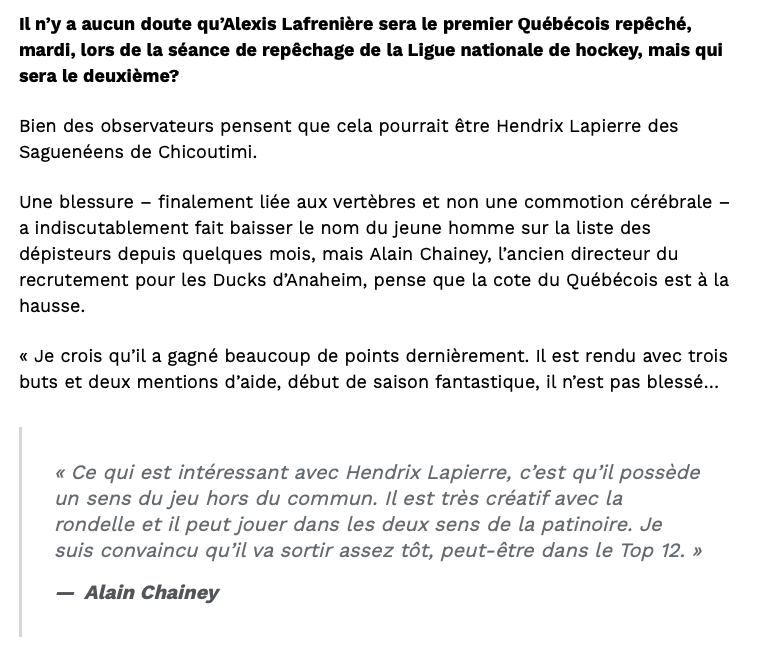 Hendrix Lapierre va partir avant le 16e choix du CH?