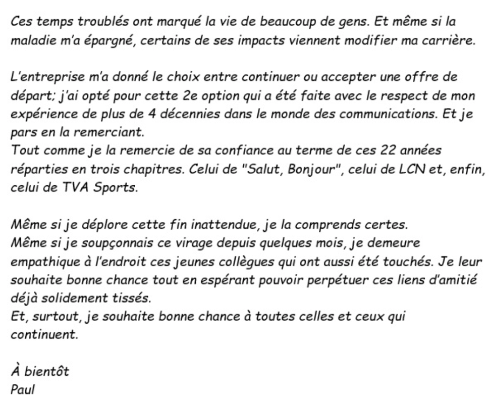 Au tour de Paul Rivard...de tomber chez TVA Sports...