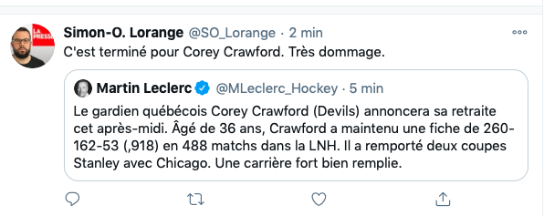 Corey Crawford prend sa RETRAITE!!!!!!