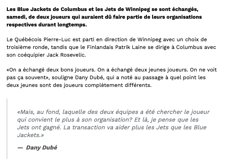 Dubois vs Laine:  Au tour de Dany Dubé de RAMASSER Columbus..