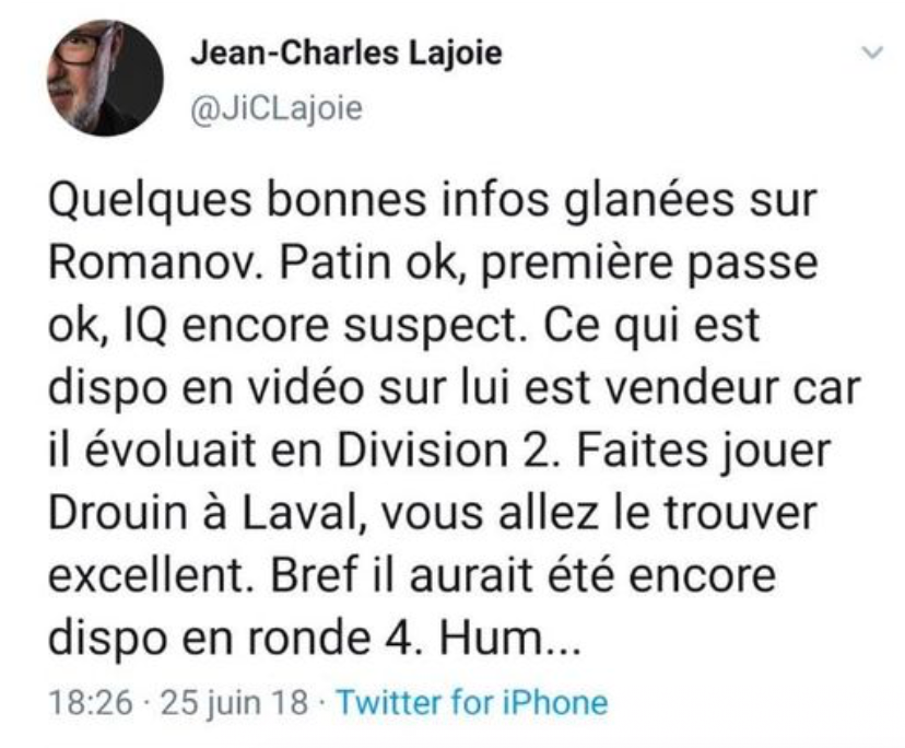 ÉCHEC ROMANOV-DUBOIS: DURE SEMAINE pour Jean-Charles Lajoie...