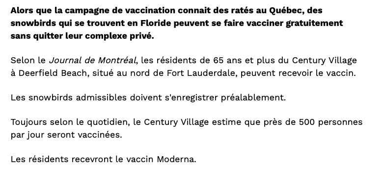 SCANDALE: Les SNOWBIRDS QUÉBÉCOIS de Floride VACCINÉS avant  les Québécois du Québec!!