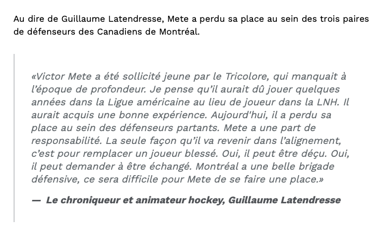 Victor Mete qui demande une transaction: Guillaume Latendresse réagit...