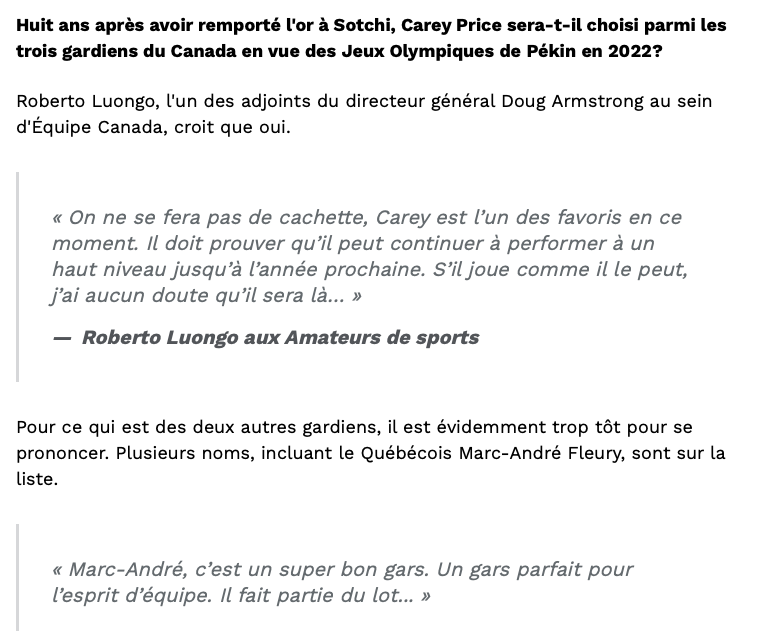 Carey Price va REJETER le Canada à la Patrick Roy?