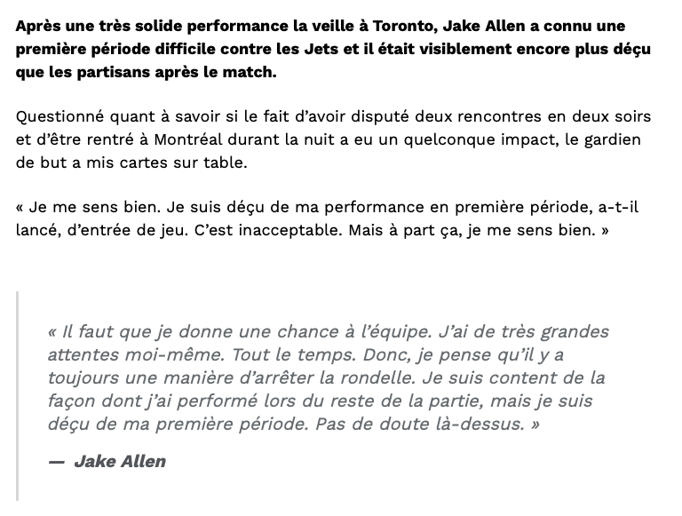 Jake Allen...le CHOKE MENTAL..comme à St-Louis...