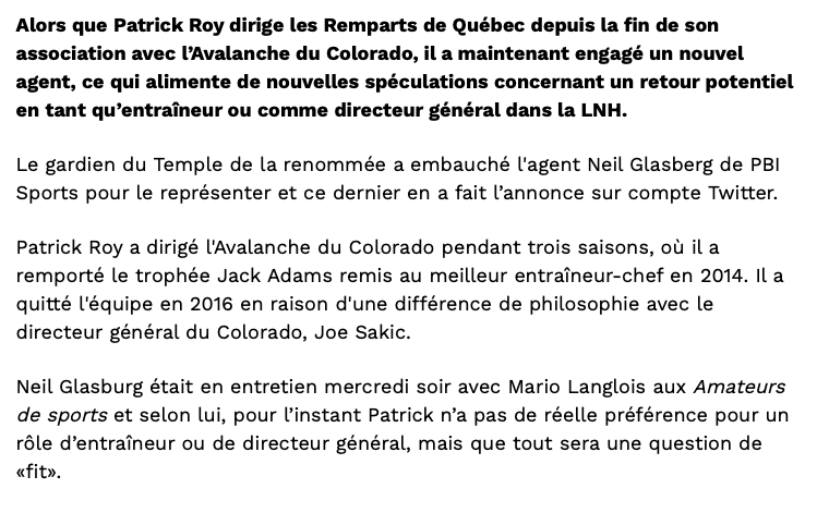 Le nouvel agent de Patrick Roy MENACE Marc Bergevin!!!