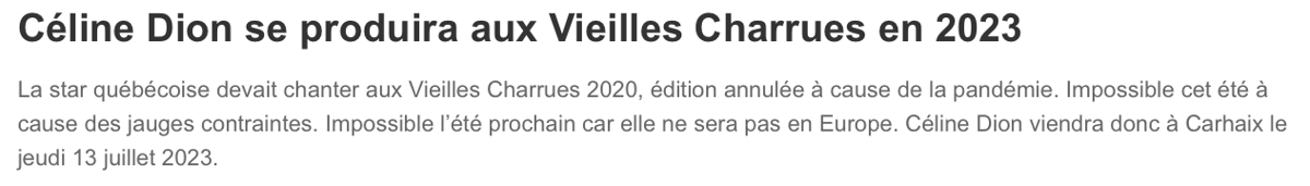 Céline Dion aux VIEILLES CHARRUES!!!!